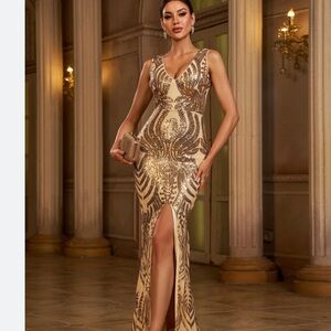 Elegant Gold Sequin Evening Gown